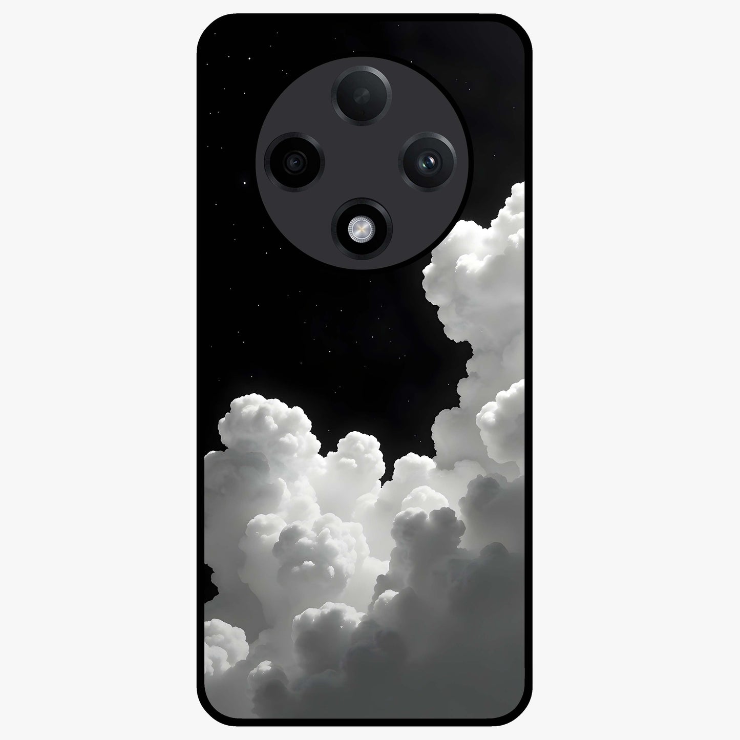 Black Background With White Cloud Glass Case showing flat back view with minimal cloud artwork on dark background and glossy glass finish.