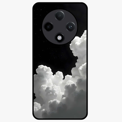 Black Background With White Cloud Glass Case showing flat back view with minimal cloud artwork on dark background and glossy glass finish.