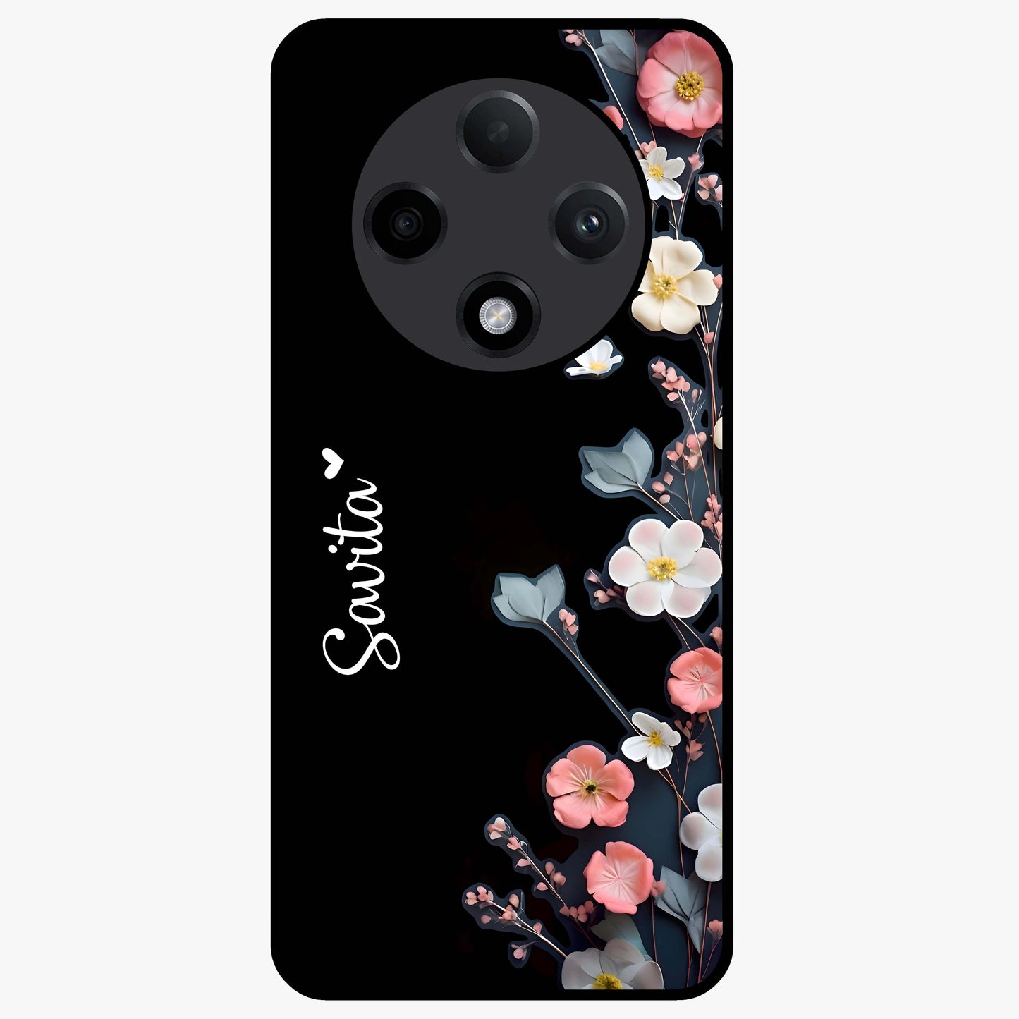 Black Elegance Floral Custom Name Glass Case showing flat back view with elegant floral artwork and personalized name design.