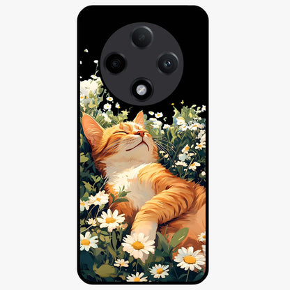 Blissful Bloom Cat Glass Case showing flat back view with cute cat and floral bloom artwork and glossy glass finish.
