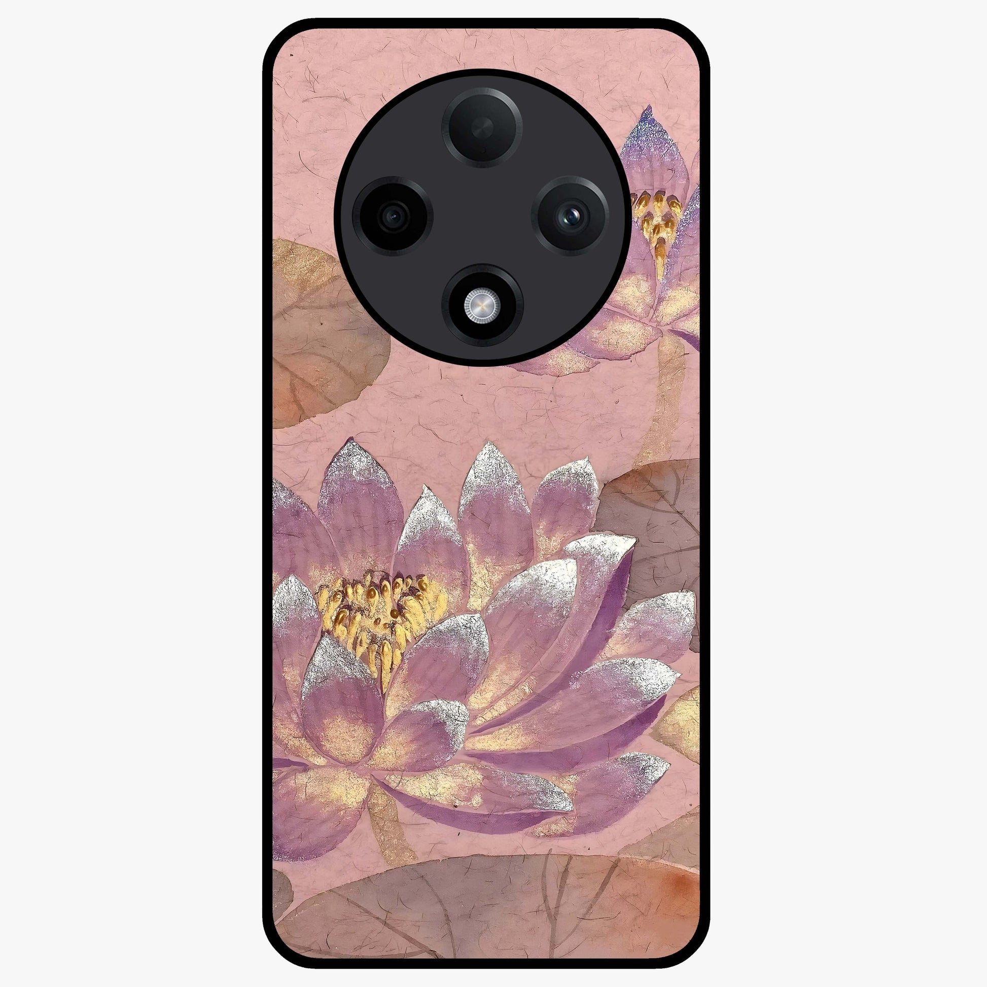 Blossom Mist Lotus Glass Case showing flat back view with serene lotus blossom artwork and glossy glass finish.