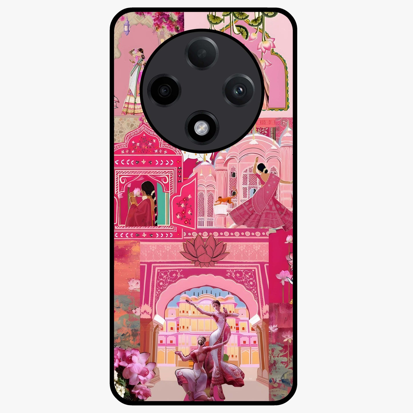 Blossoms of Rajasthan Glass Case showing flat back view with traditional floral artwork inspired by Rajasthan and glossy glass finish.