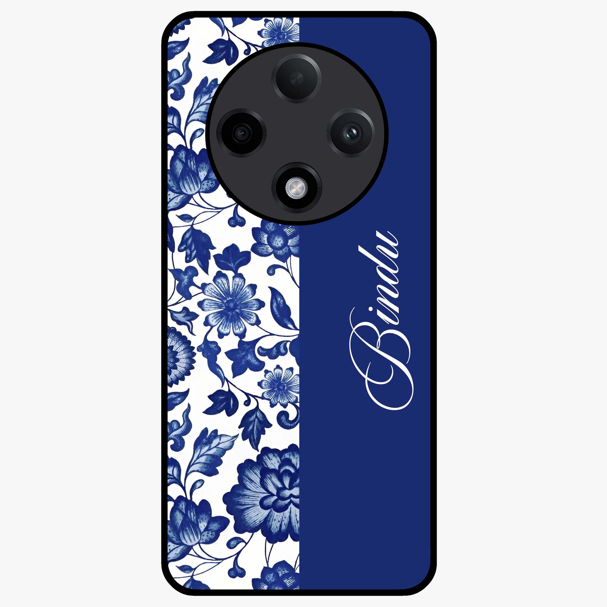 Blue Vintage Floral Pattern Glass Case upright view showcasing timeless floral illustration with vintage inspired style.