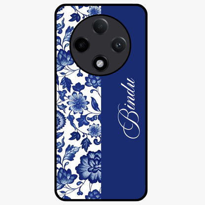 Blue Vintage Floral Pattern Glass Case upright view showcasing timeless floral illustration with vintage inspired style.