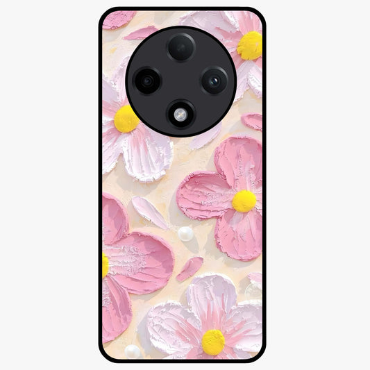 Blush Bloom Texture Glass Case showing flat back view with soft blush floral texture artwork and glossy glass finish.