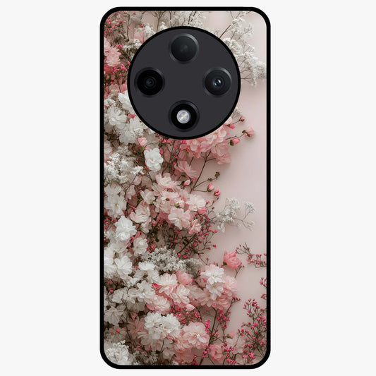 Blush Blossom Cloud Glass Case showing flat back view with dreamy blush cloud blossom artwork and glossy glass finish.