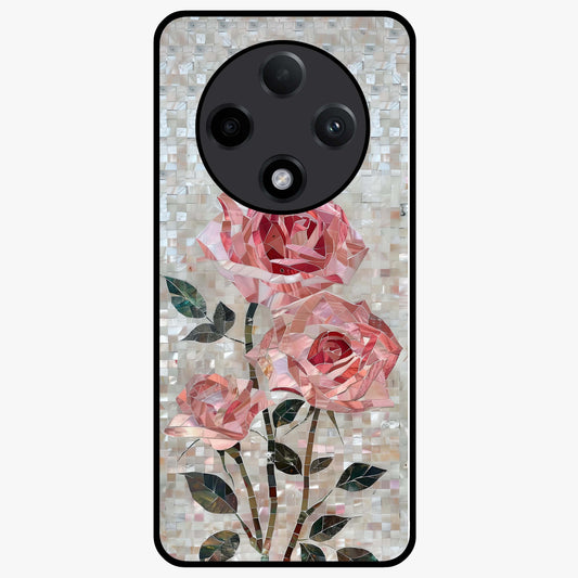 Blush Mosaic Bloom Glass Case showing flat back view with mosaic floral bloom artwork and glossy glass finish.