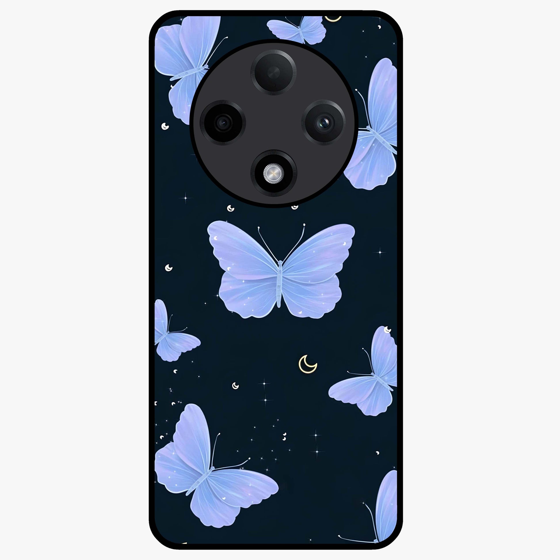 Butterfly With Stars Pattern Glass Case showing flat back view with butterfly and star pattern artwork and glossy glass finish.