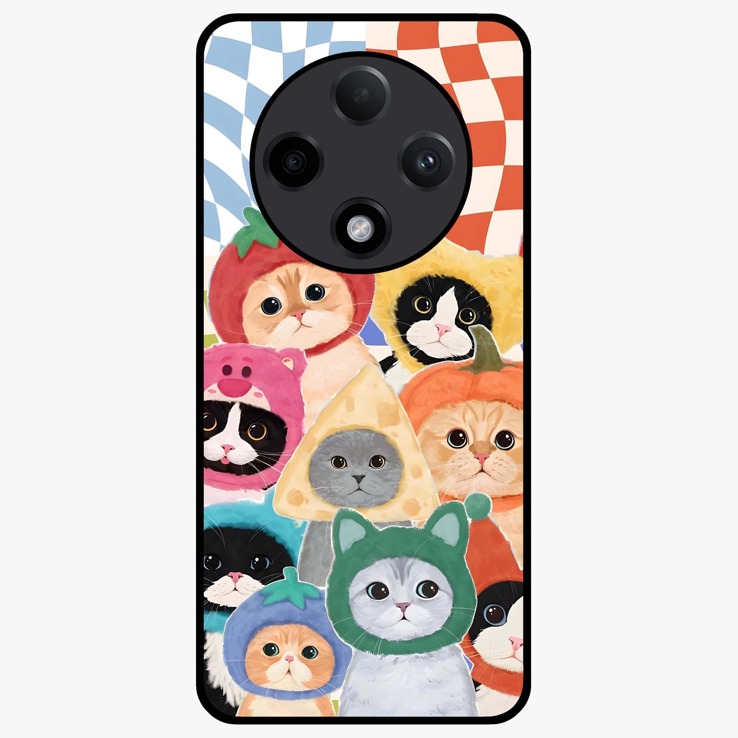 Cats in Fruits Glass Case showing flat back view with playful cat illustrations inside fruit artwork and glossy glass finish.