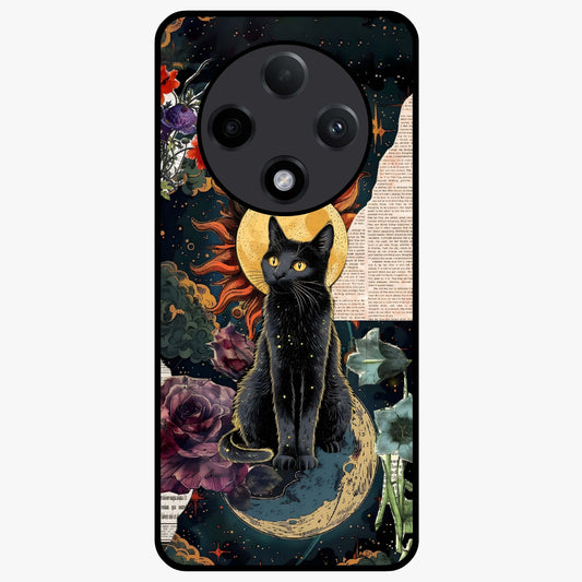 Celestial Black Cat Glass Case showing flat back view with mystical black cat artwork and glossy glass finish.