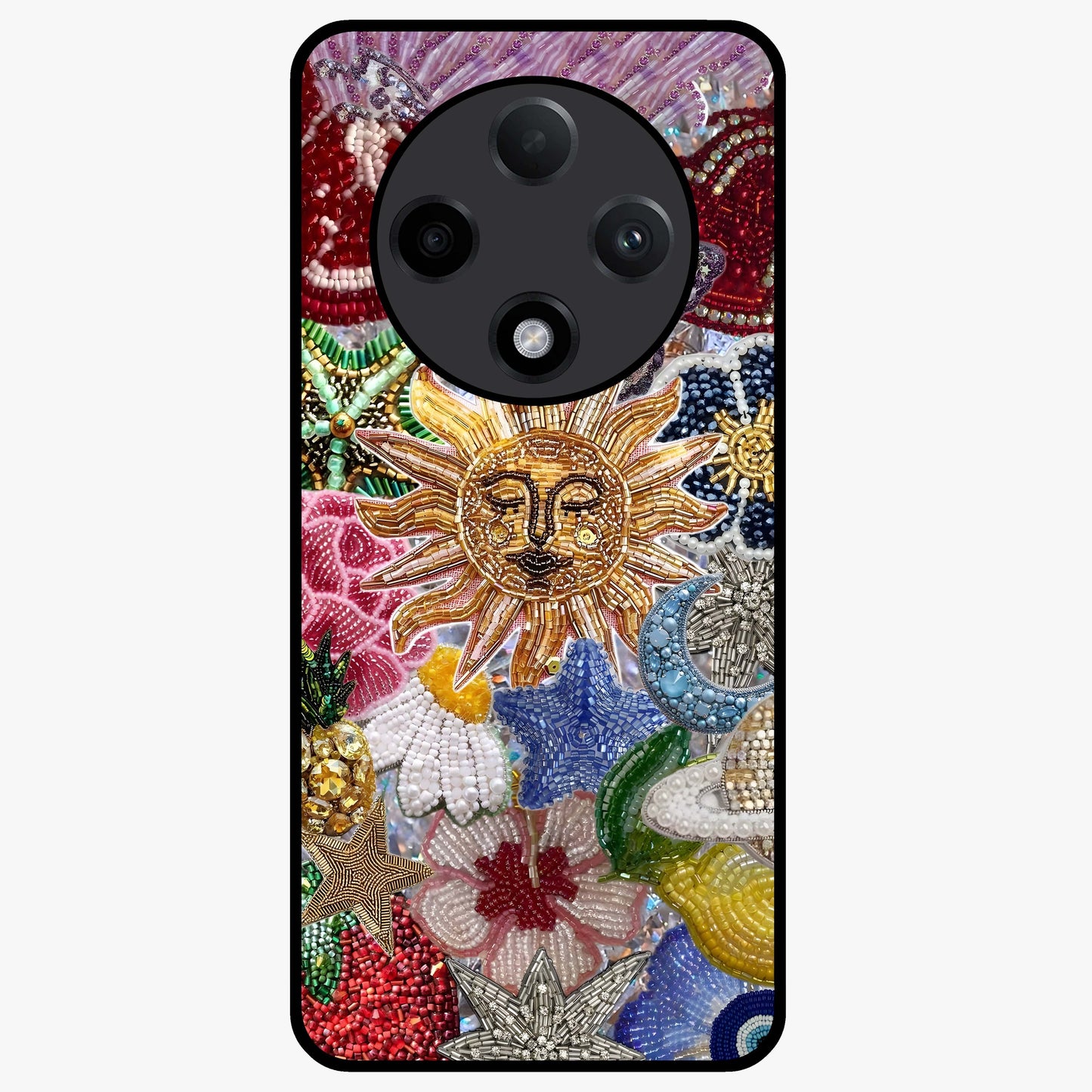 Celestial Floral and Playful Glass Case showing flat back view with floral and celestial themed artwork and glossy glass finish.
