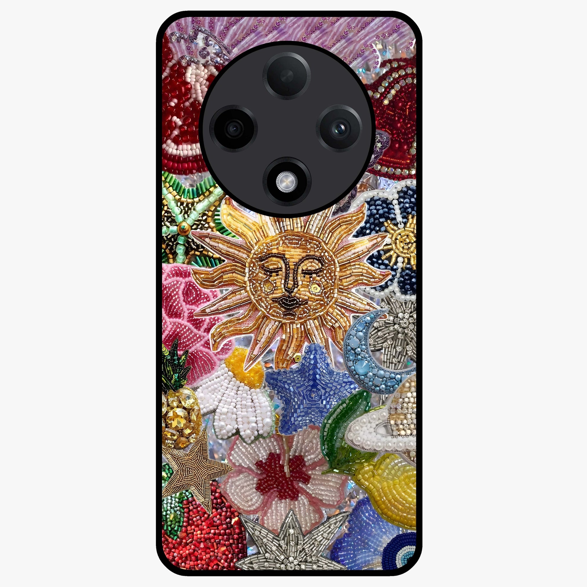 Celestial Floral and Playful Glass Case showing flat back view with floral and celestial themed artwork and glossy glass finish.
