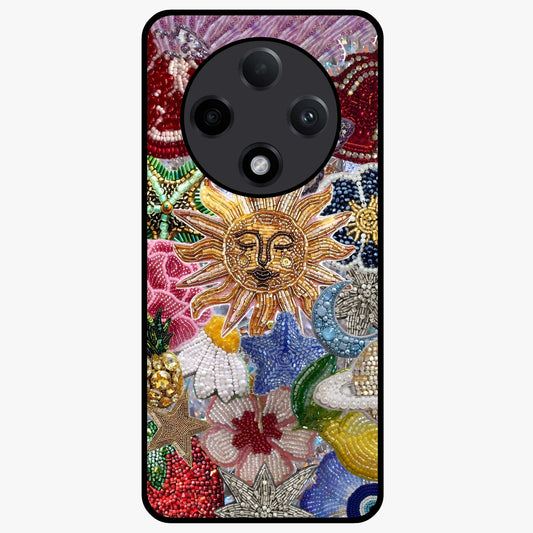 Celestial Floral and Playful Glass Case showing flat back view with floral and celestial themed artwork and glossy glass finish.