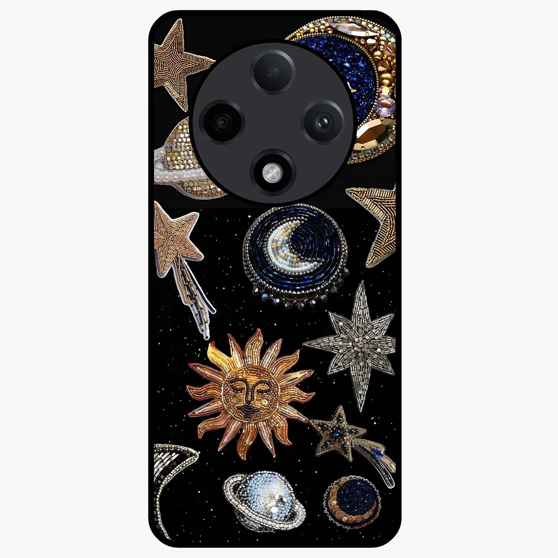 Celestial Gem Constellations Glass Case showing flat back view with sparkling constellation artwork and glossy glass finish.