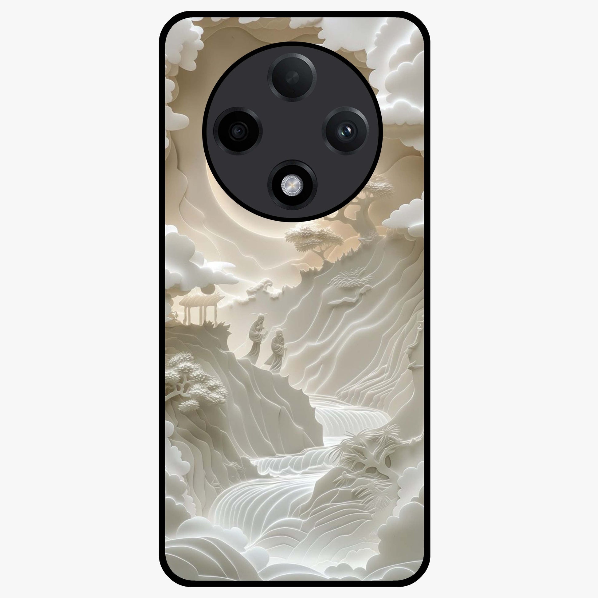 Celestial Origami Glass Case showing flat back view with artistic origami inspired celestial artwork and glossy glass finish.