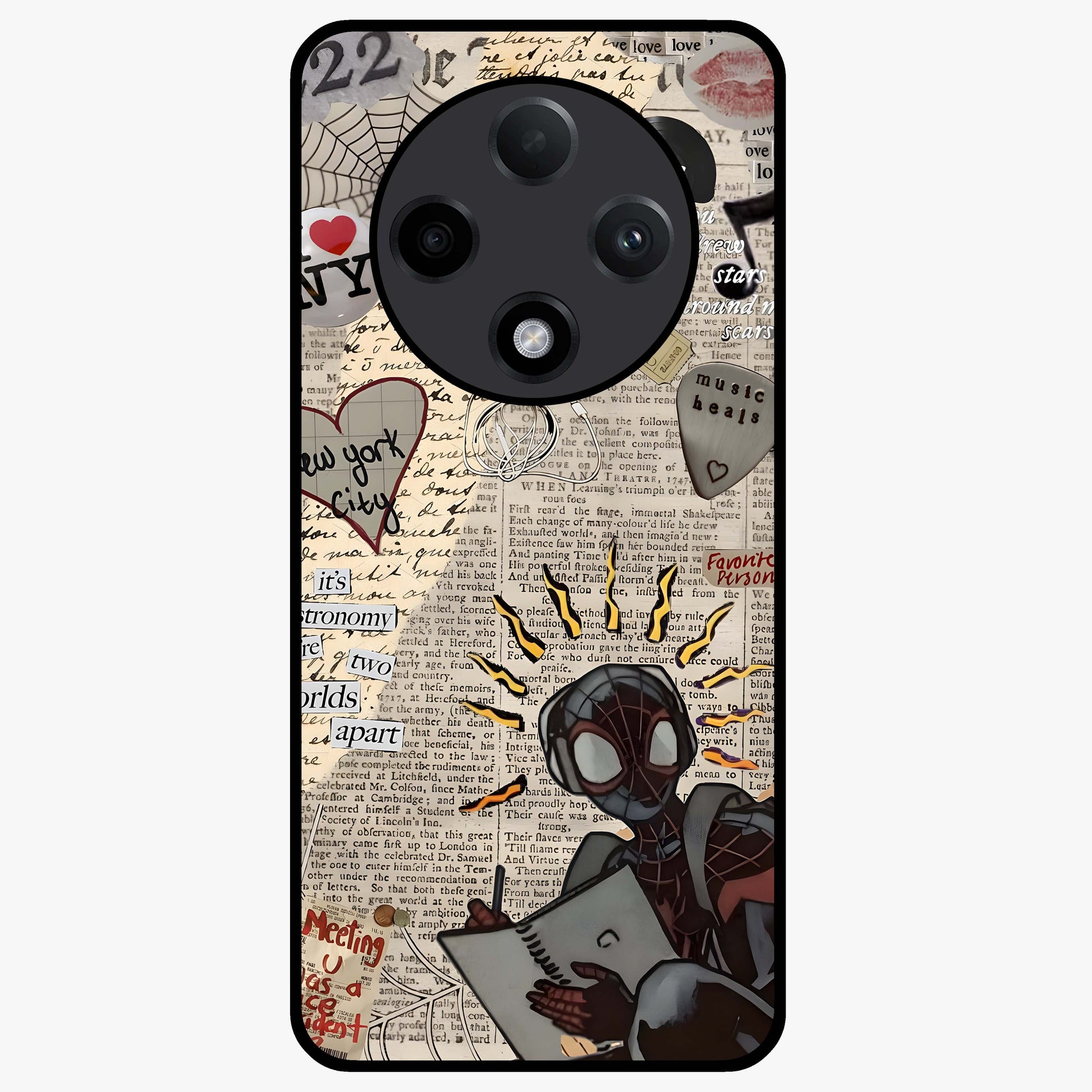 City Dream Sketch Glass Case showing flat back view with artistic city skyline sketch artwork and glossy glass finish.