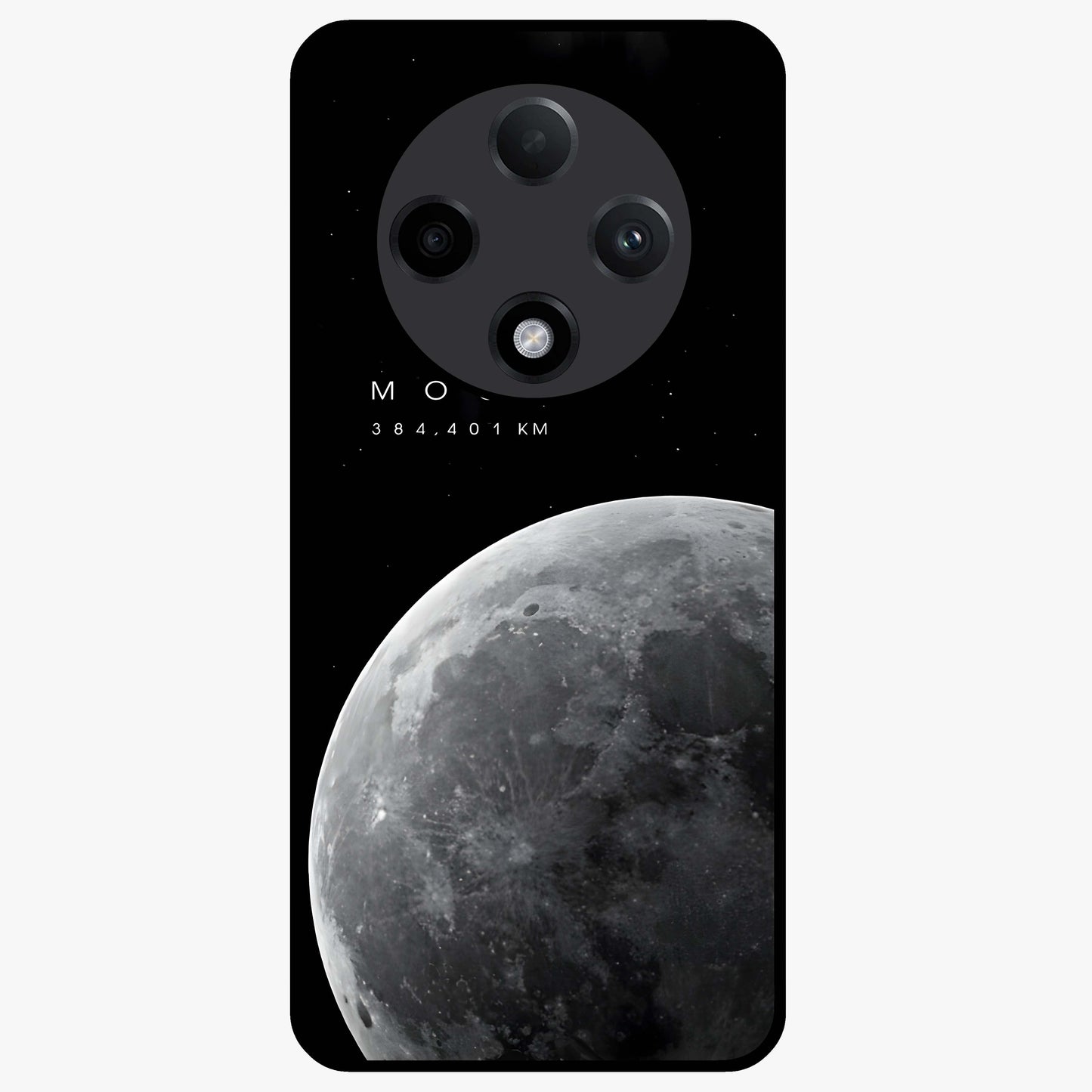 Cosmic Moon Glow Glass Case showing flat back view with glowing moon artwork and glossy glass finish.