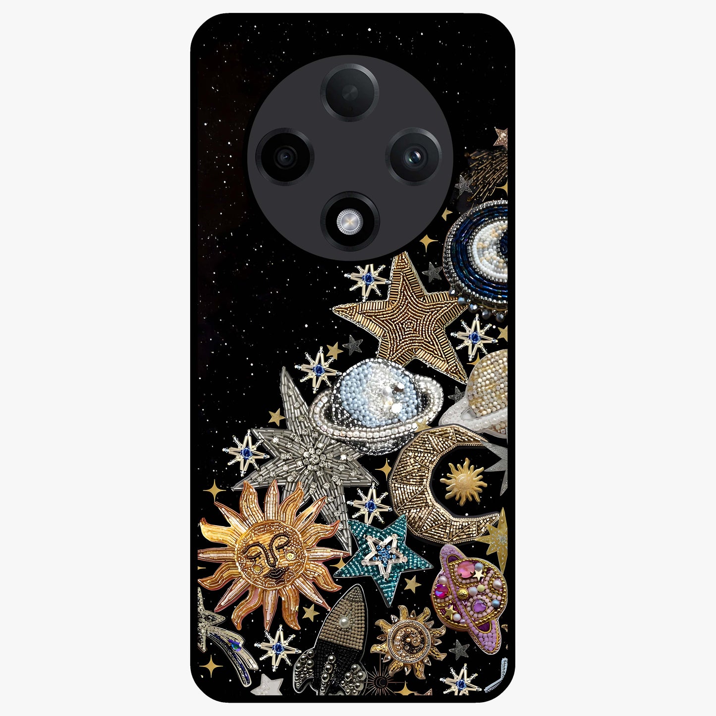 Cosmic Sparkle Dreams Glass Case showing flat back view with sparkling cosmic artwork and glossy glass finish.