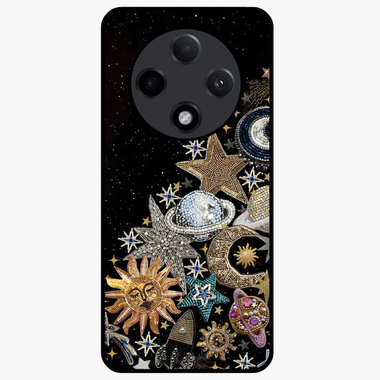 Cosmic Sparkle Dreams Glass Case showing flat back view with sparkling cosmic artwork and glossy glass finish.