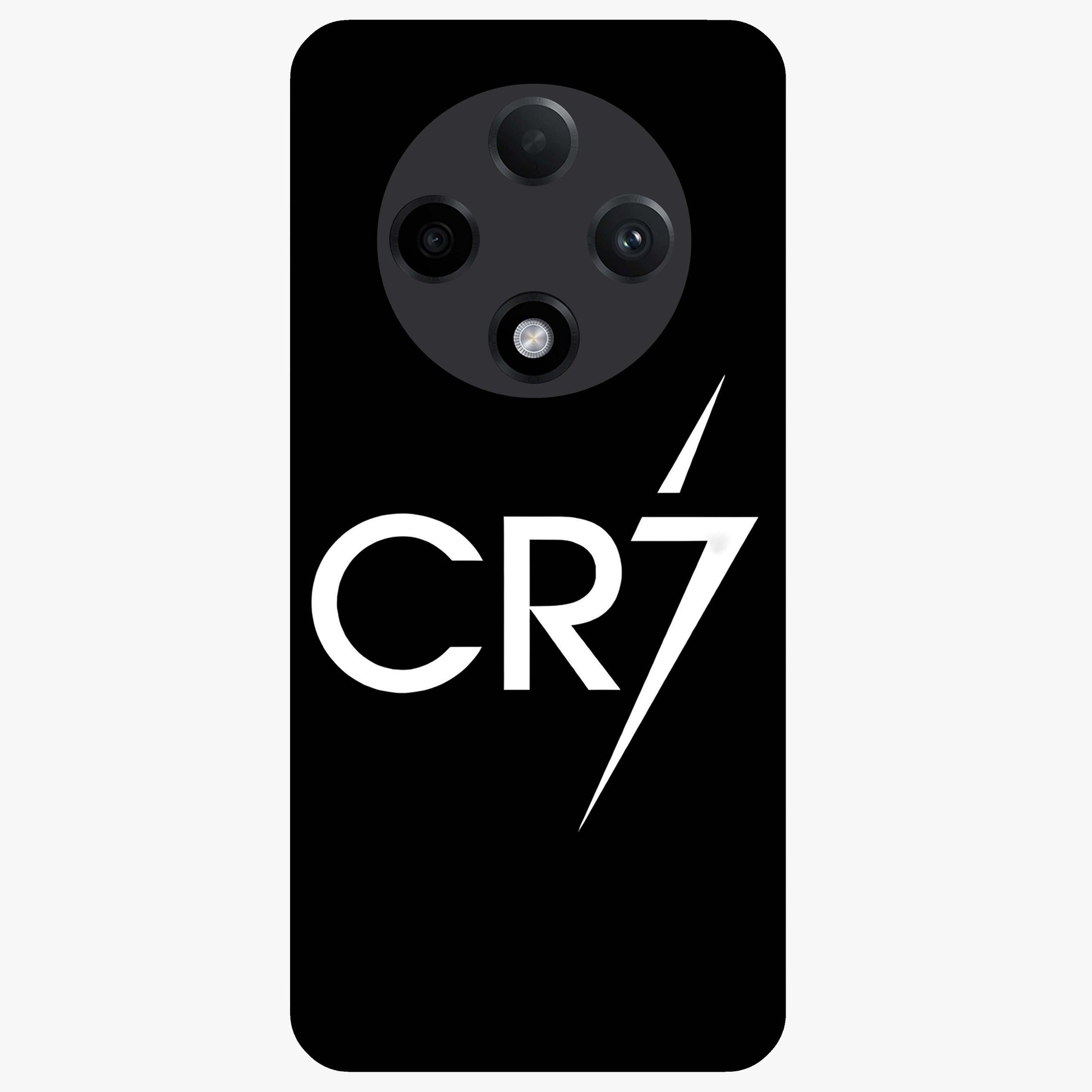 Cr7 Elite Strike Glass Case showing flat back view with dynamic football inspired artwork and glossy glass finish.