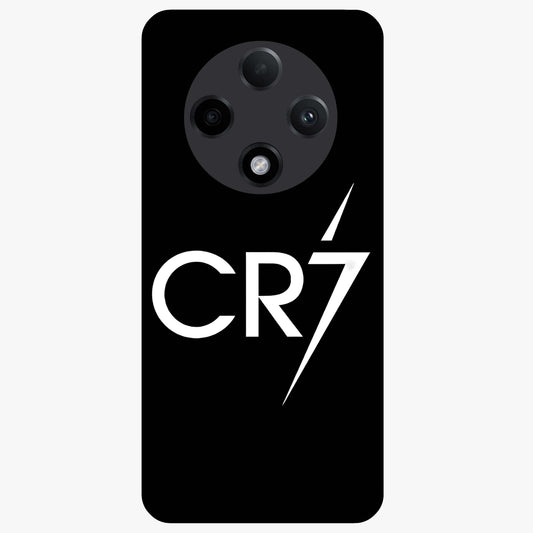 Cr7 Elite Strike Glass Case showing flat back view with dynamic football inspired artwork and glossy glass finish.