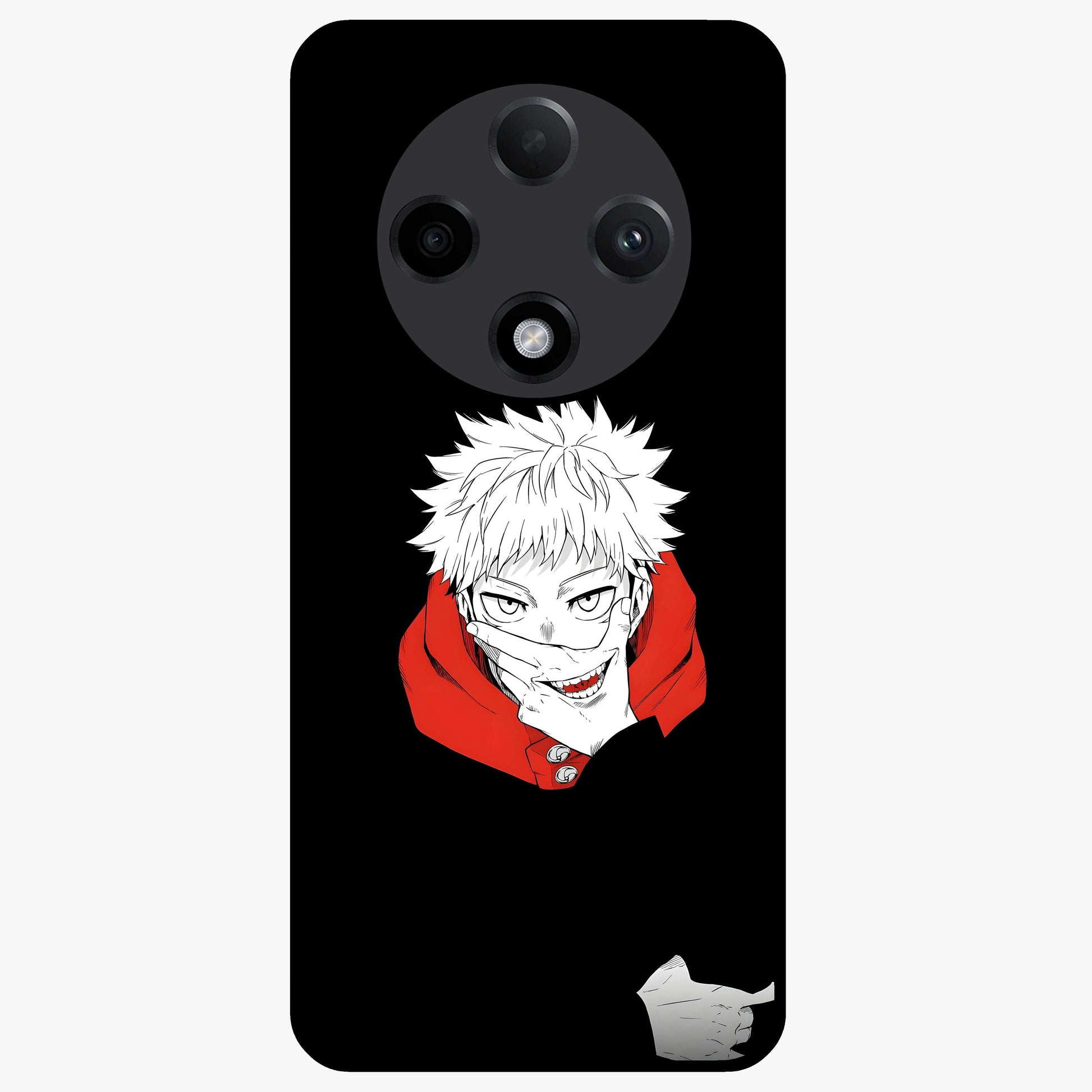 Crimson Chaos Smile Glass Case showing flat back view with bold chaotic smile artwork and glossy glass finish.