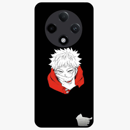 Crimson Chaos Smile Glass Case showing flat back view with bold chaotic smile artwork and glossy glass finish.