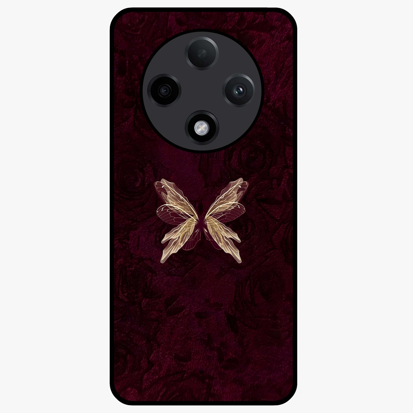 Crimson Fade Butterfly Glass Case showing flat back view with fading butterfly artwork and glossy glass finish.