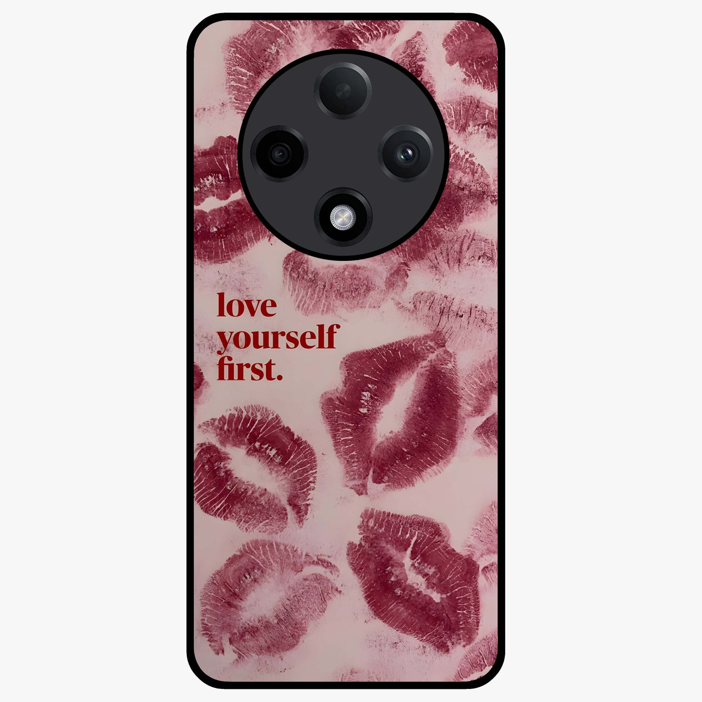 Crimson Kiss Love Glass Case showing flat back view with romantic crimson themed artwork and glossy glass finish.