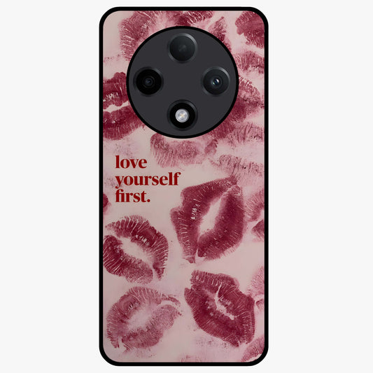 Crimson Kiss Love Glass Case showing flat back view with romantic crimson themed artwork and glossy glass finish.