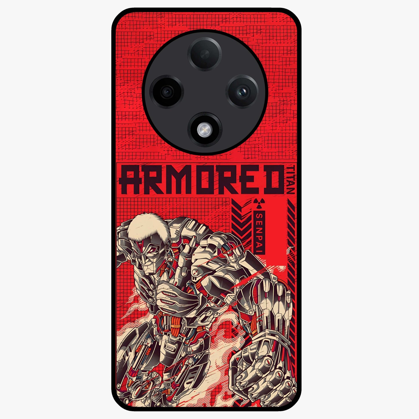 Crimson Mecha Titan Glass Case showing flat back view with powerful mech titan artwork and glossy glass finish.