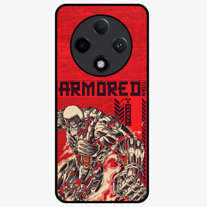 Crimson Mecha Titan Glass Case showing flat back view with powerful mech titan artwork and glossy glass finish.
