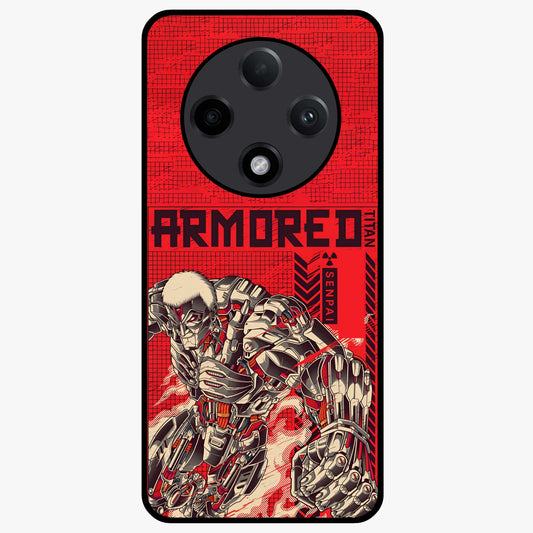 Crimson Mecha Titan Glass Case showing flat back view with powerful mech titan artwork and glossy glass finish.