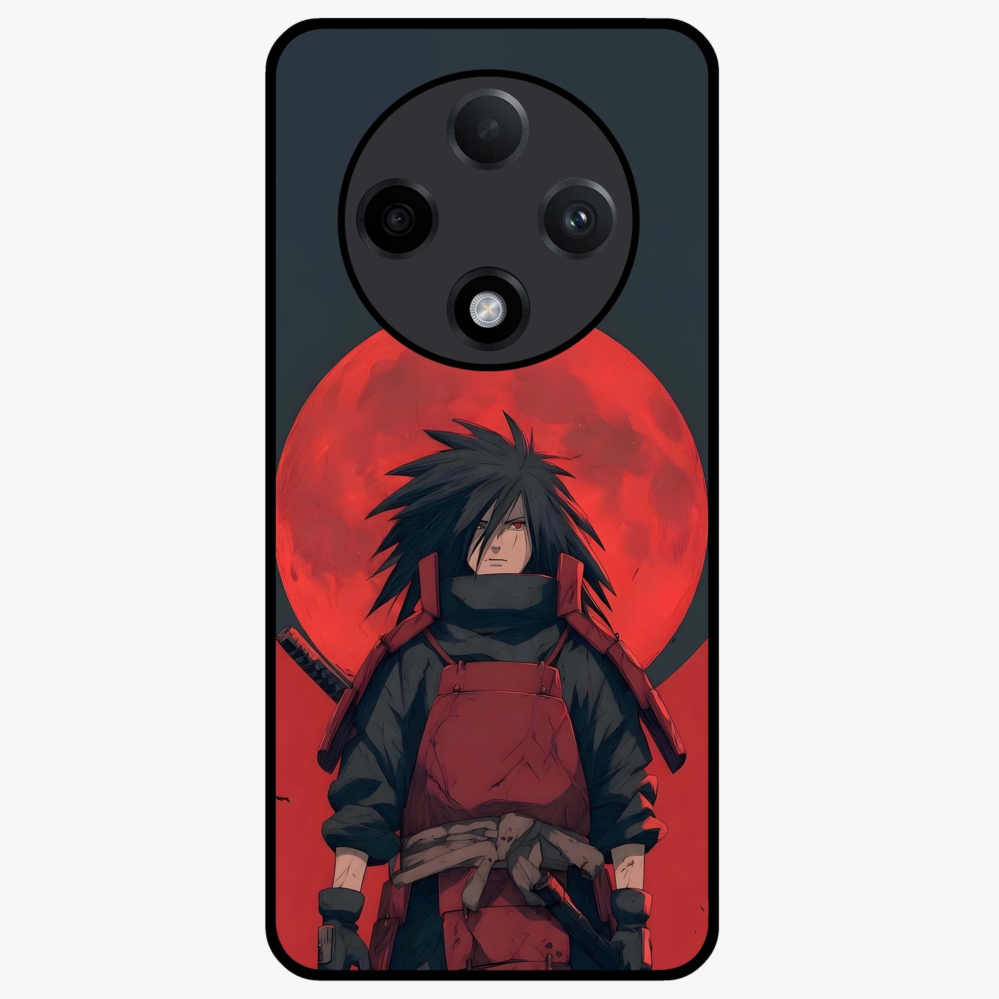 Crimson Moon Warlord Glass Case showing flat back view with mystical moon warrior artwork and glossy glass finish.
