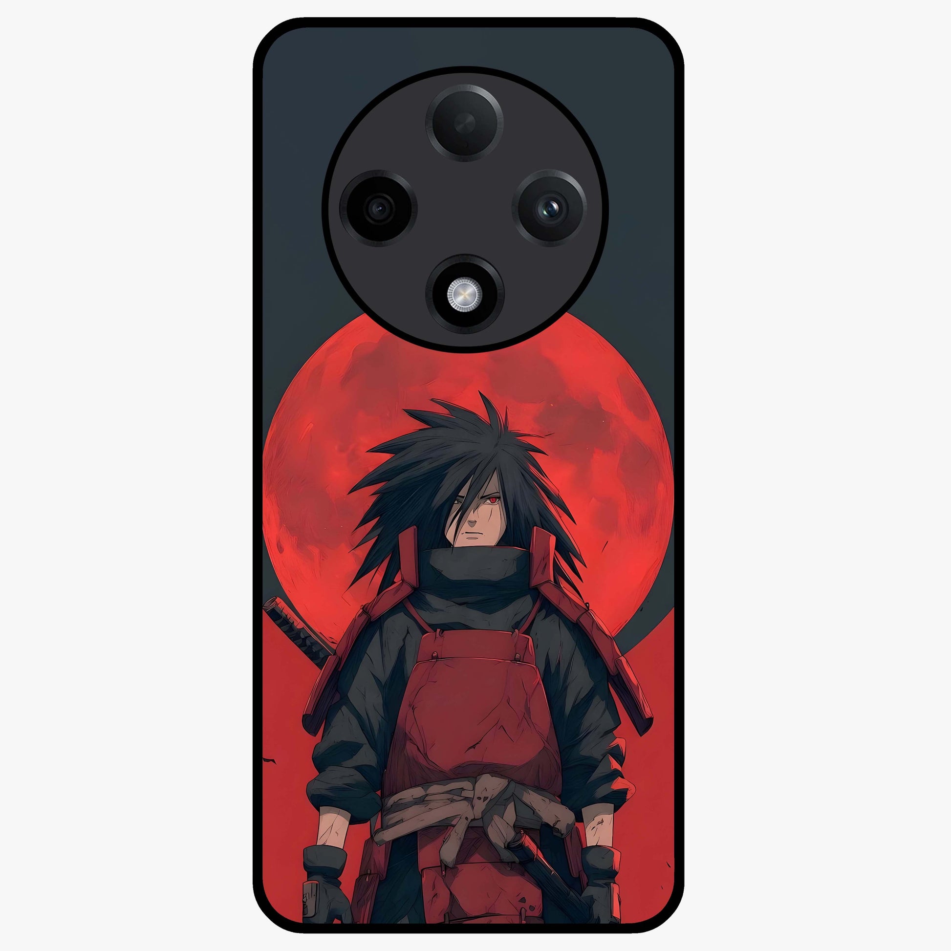 Crimson Moon Warlord Glass Case showing flat back view with mystical moon warrior artwork and glossy glass finish.
