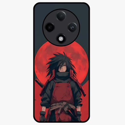 Crimson Moon Warlord Glass Case showing flat back view with mystical moon warrior artwork and glossy glass finish.