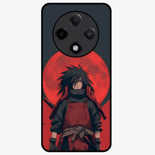 Crimson Moon Warlord Glass Case showing flat back view with mystical moon warrior artwork and glossy glass finish.