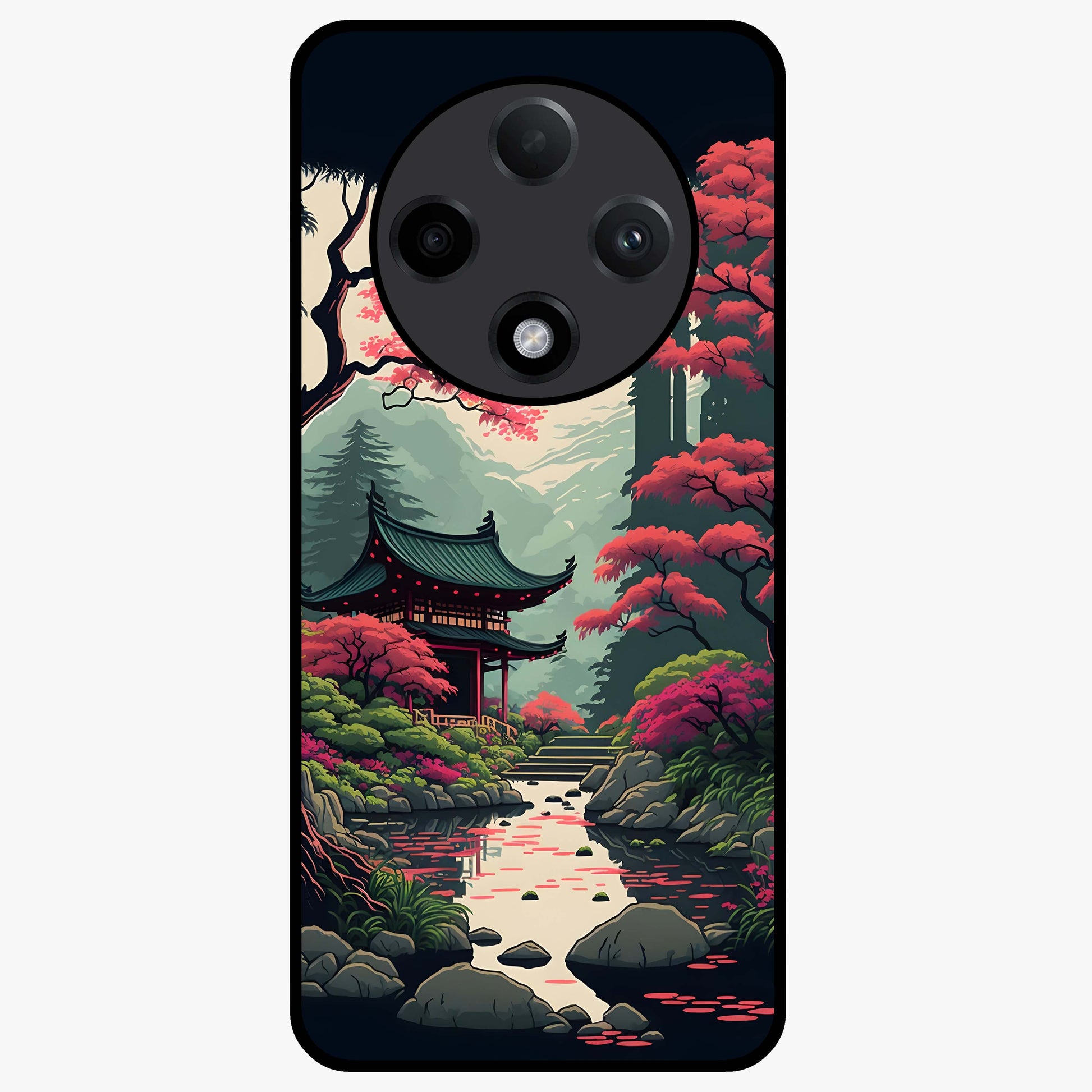 Crimson Temple View Glass Case showing flat back view with temple inspired artwork and glossy glass finish.
