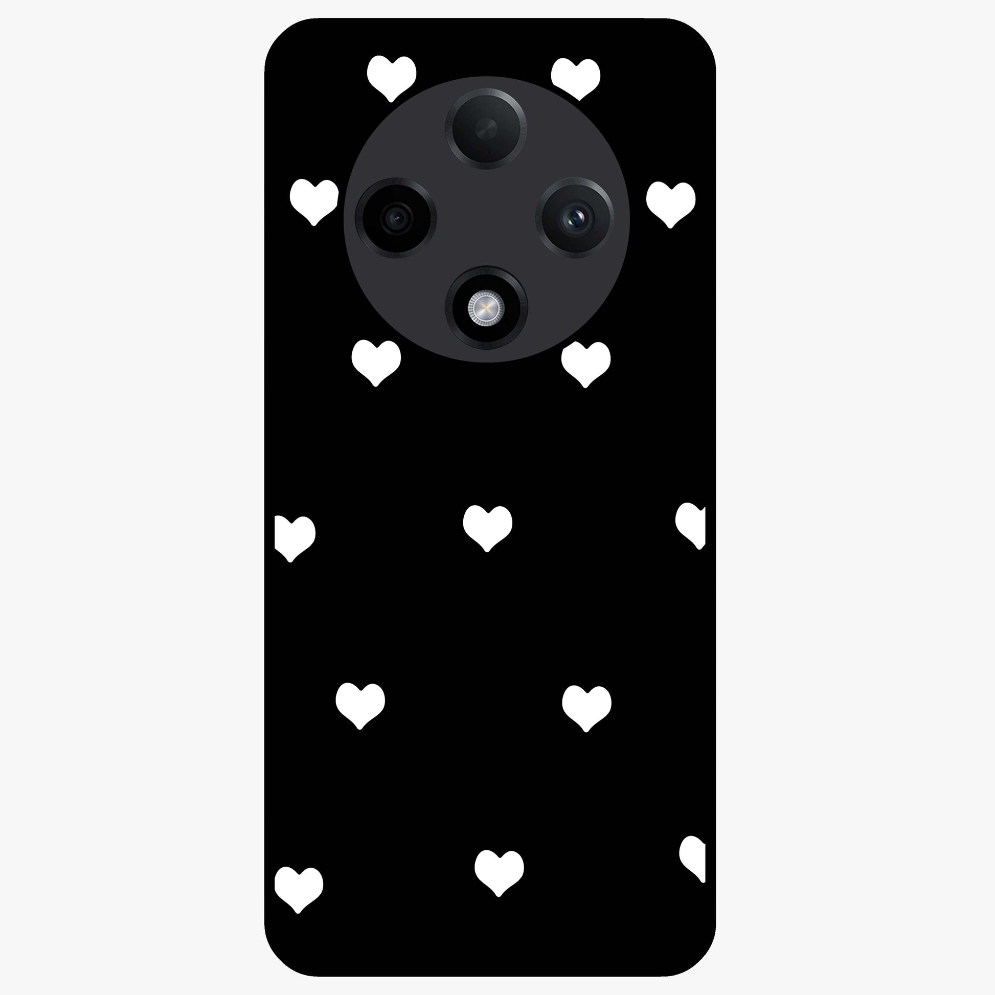 Cute And Simple White Hearts Glass Case showing flat back view with minimal white heart pattern and glossy glass finish.