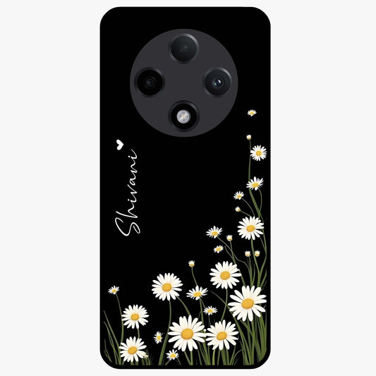 Daisy Cascade Custom Name Glass Case showing flat back view with cascading daisy flowers and personalized name design.