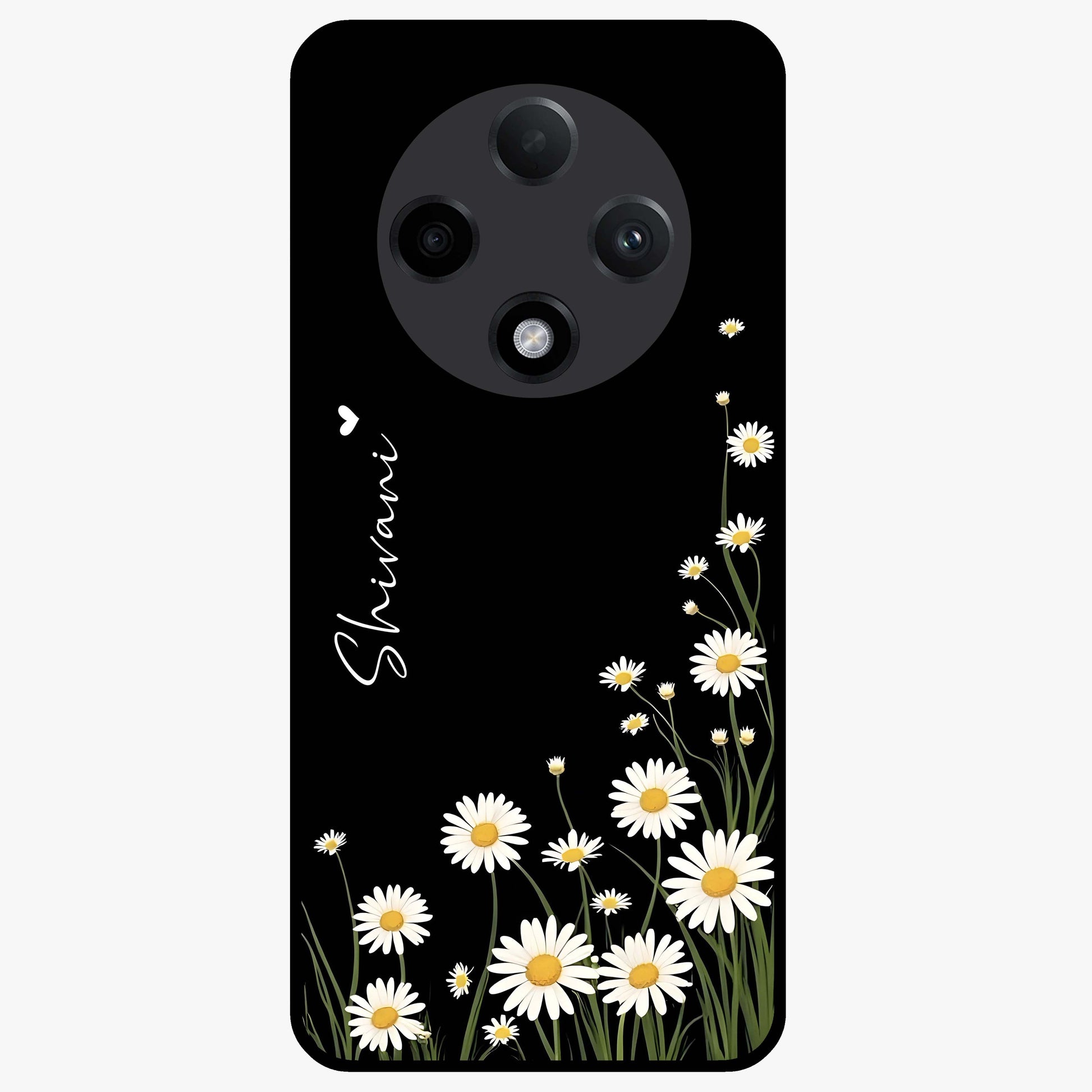 Daisy Cascade Custom Name Glass Case showing flat back view with cascading daisy flowers and personalized name design.