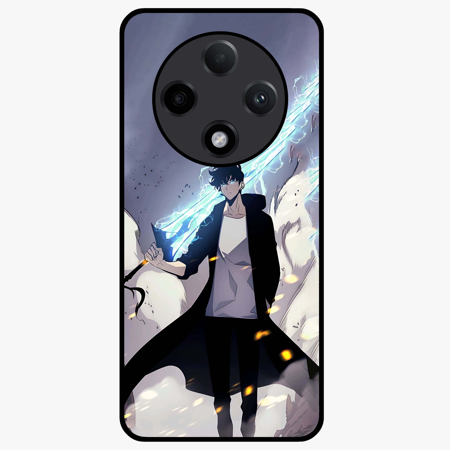 Dark Lightning Anime Warrior Glass Case showing flat back view with intense anime warrior artwork and glossy glass finish.