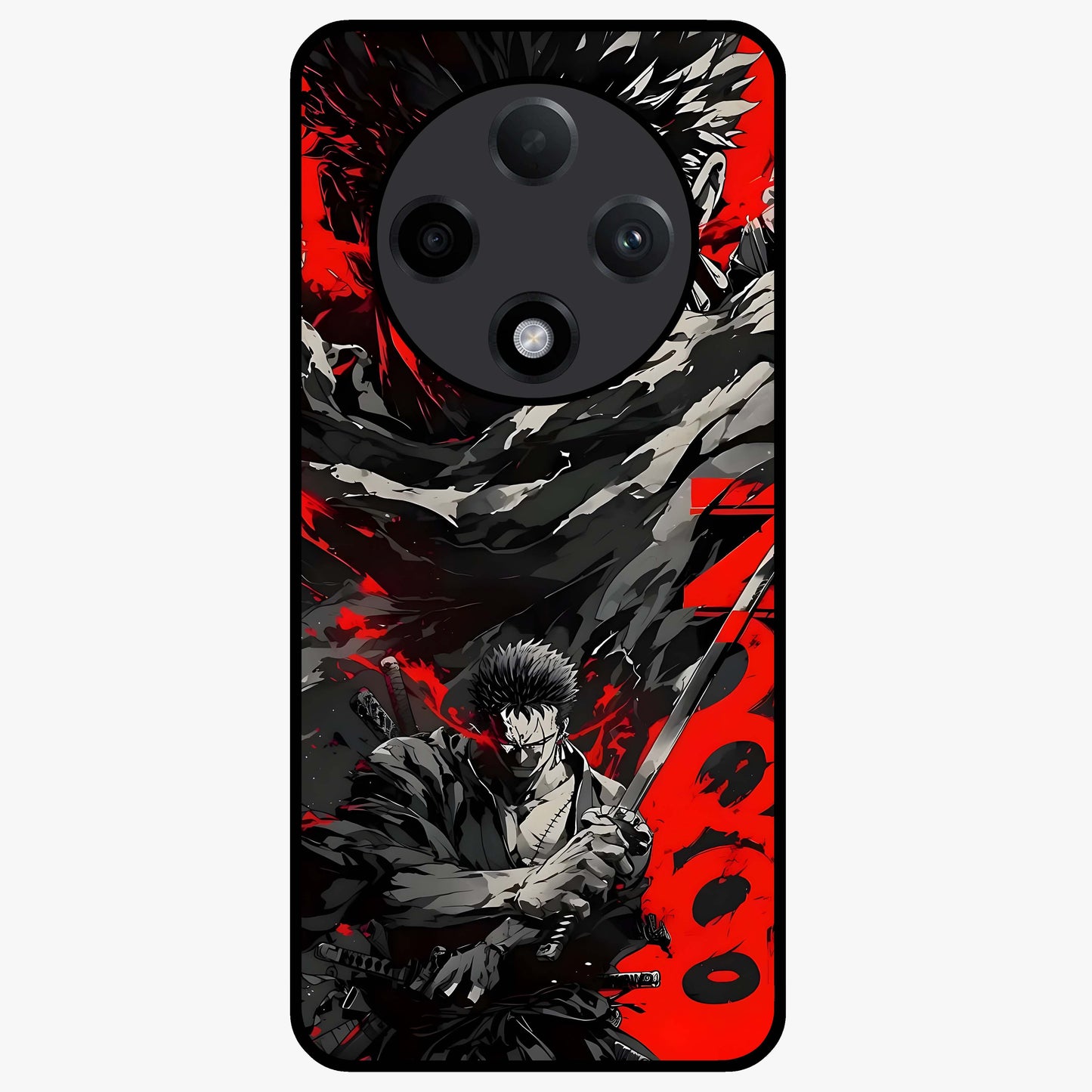 Demon Sword Resolve Glass Case showing flat back view with fierce sword warrior artwork and glossy glass finish.