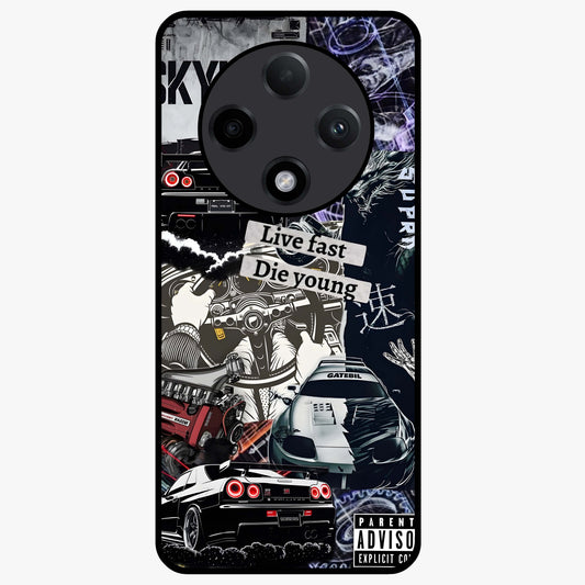 Die Young Glass Case showing flat back view with bold artistic typography design and glossy glass finish.
