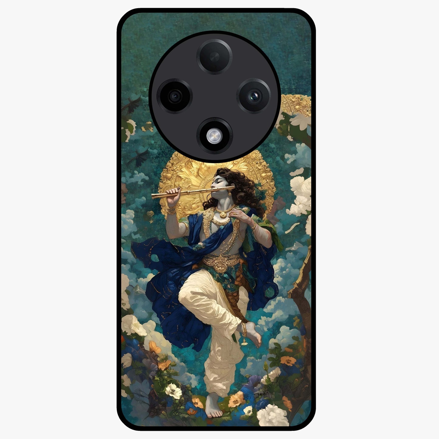 Divine Krishna Art Glass Case showing flat back view with Lord Krishna artwork and glossy glass finish.