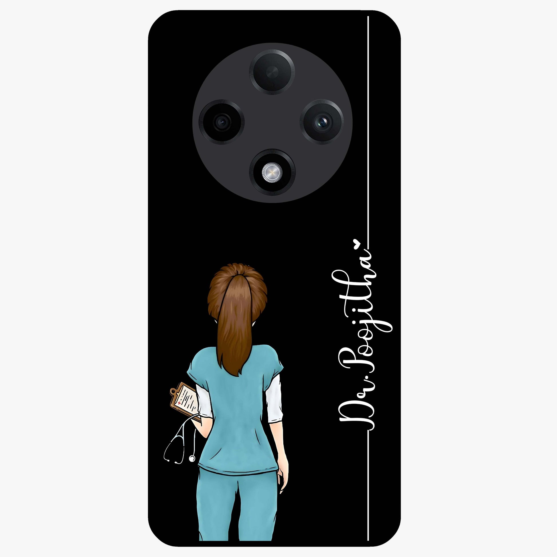 Doctor Pattern Custom Name Glass Case showing flat back view with medical themed pattern and personalized name design.