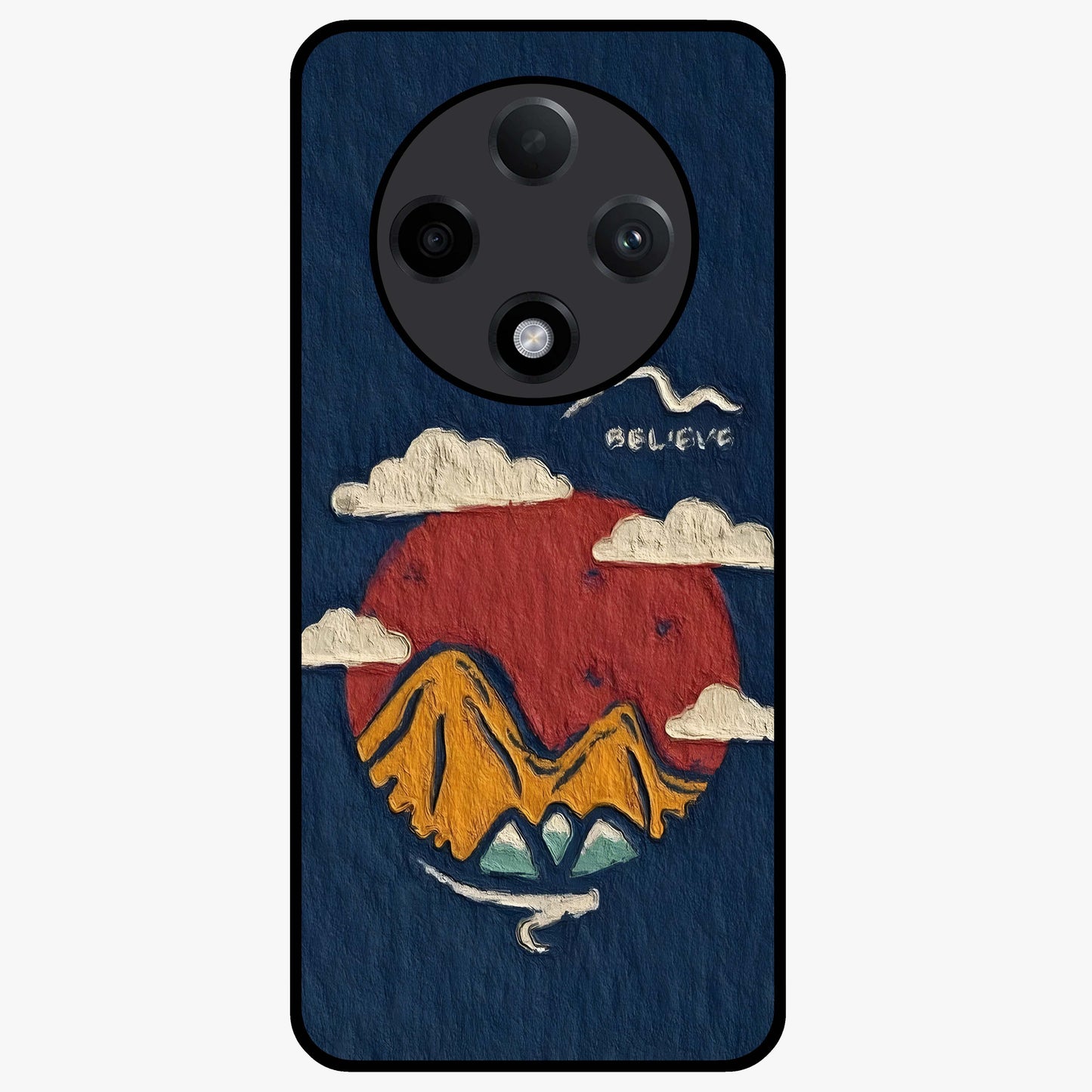 Dream Beyond Mountains Glass Case showing flat back view with scenic mountain landscape artwork and glossy glass finish.