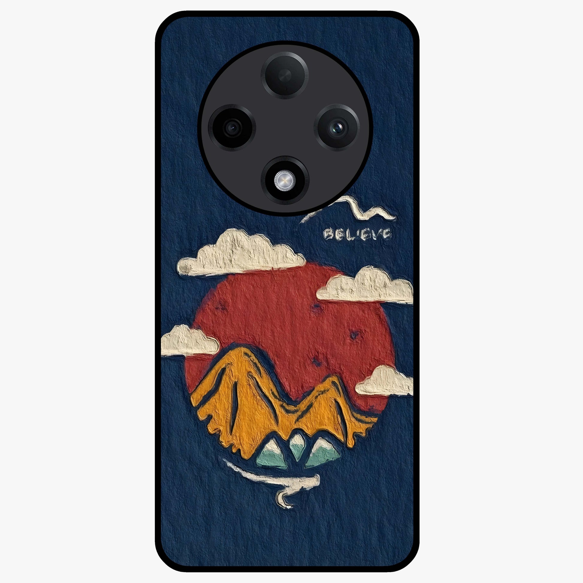 Dream Beyond Mountains Glass Case showing flat back view with scenic mountain landscape artwork and glossy glass finish.