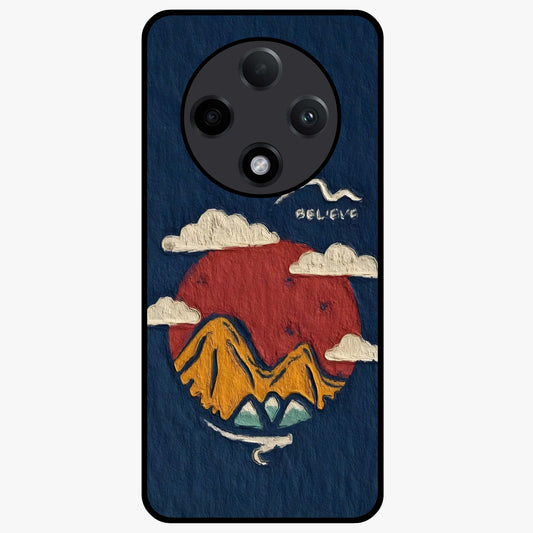 Dream Beyond Mountains Glass Case showing flat back view with scenic mountain landscape artwork and glossy glass finish.