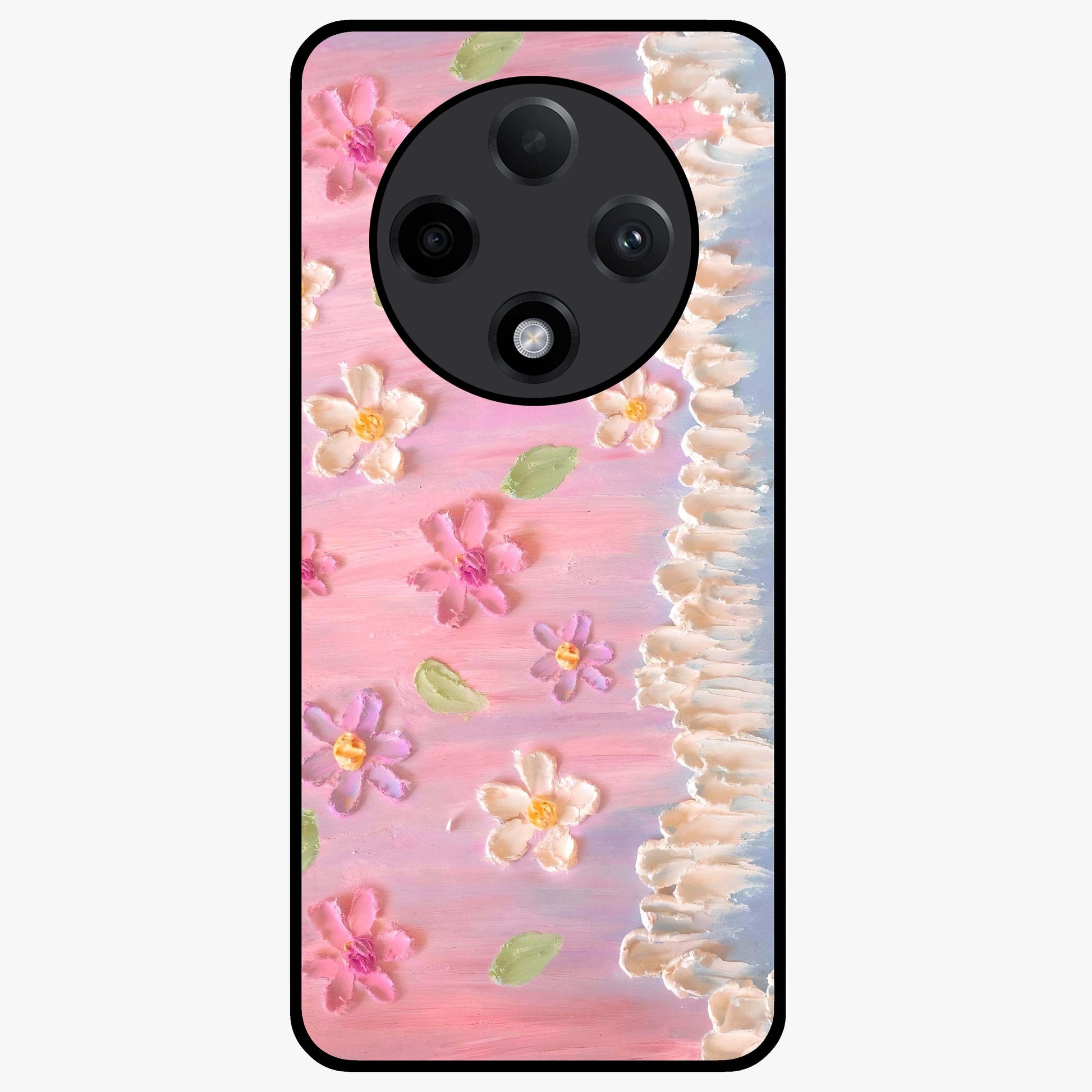 Dreamy Painted Garden Glass Case showing flat back view with artistic painted floral garden artwork and glossy glass finish.